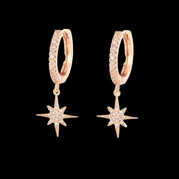 💎167💎 Celestial 24k Rose Gold Plated and Crystal Hoop Dangle Earrings - Picture 2 of 7